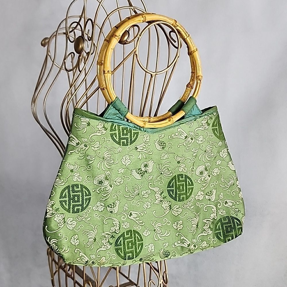Vintage Silk Floral Bag with Bamboo Handles